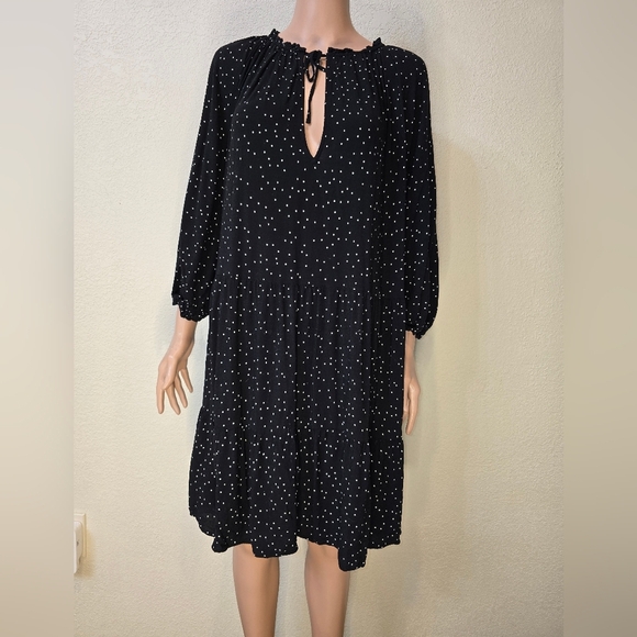 H&M Black Polka Dot Spotted Dress Xl Black Long Sleeve V Neck - Picture 8 of 13